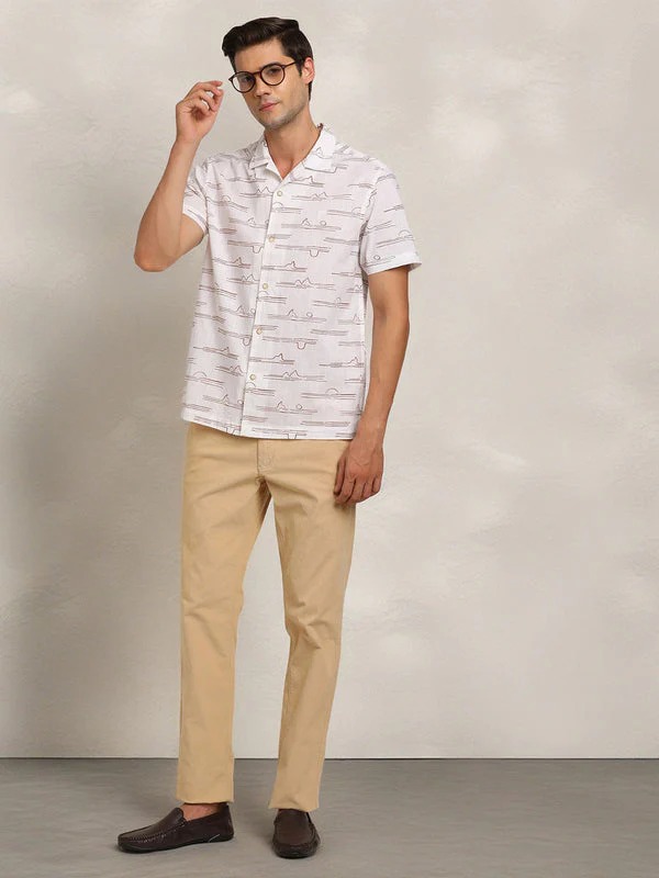 Indian Terrain Men's Slim Fit Half Sleeve All Over Print White Shirt